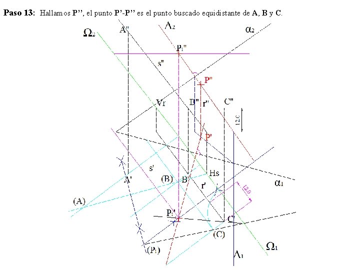 Paso 13: Hallamos P’’, el punto P’-P’’ es el punto buscado equidistante de A,