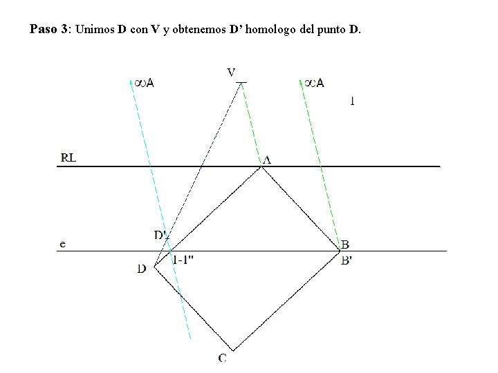 Paso 3: Unimos D con V y obtenemos D’ homologo del punto D. 