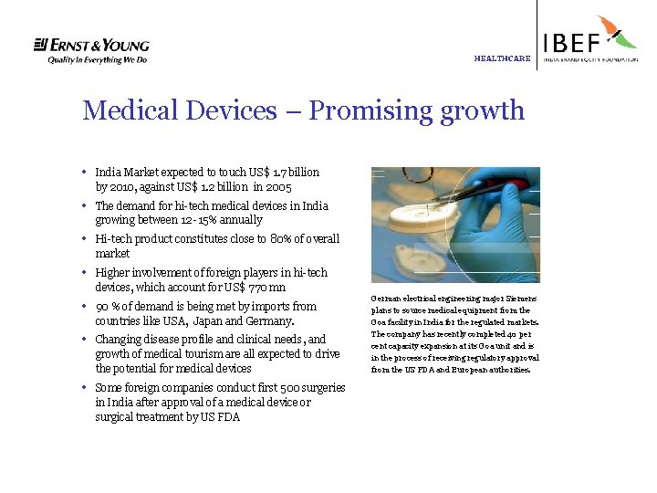 HEALTHCARE Medical Devices – Promising growth • India Market expected to touch US$ 1.