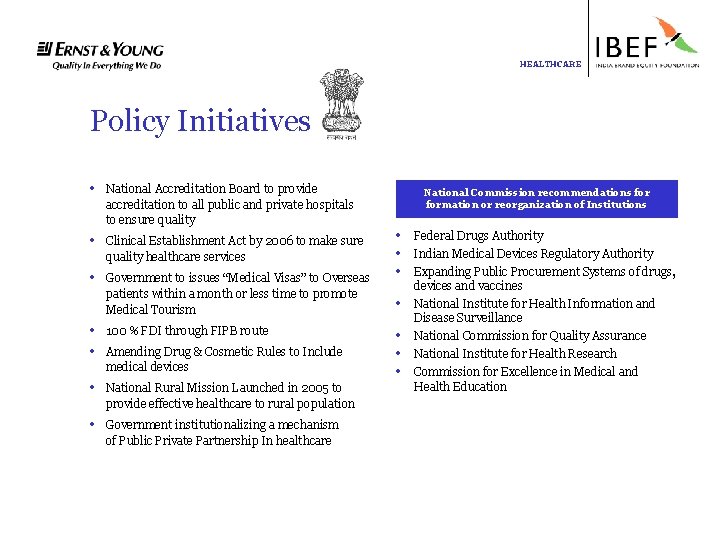 HEALTHCARE Policy Initiatives • National Accreditation Board to provide accreditation to all public and