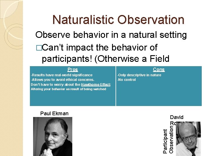 Naturalistic Observation Observe behavior in a natural setting �Can’t impact the behavior of participants!