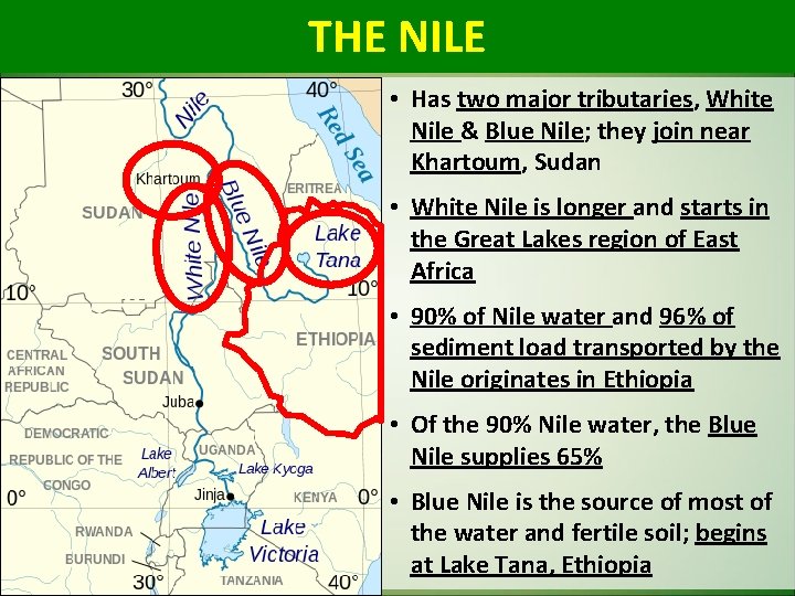 THE NILE • Has two major tributaries, White Nile & Blue Nile; they join