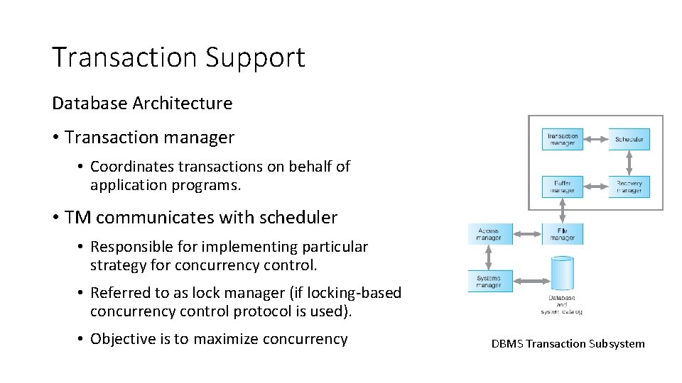 Transaction Support Database Architecture • Transaction manager • Coordinates transactions on behalf of application