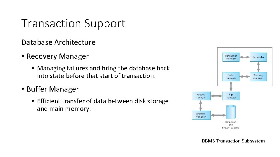 Transaction Support Database Architecture • Recovery Manager • Managing failures and bring the database