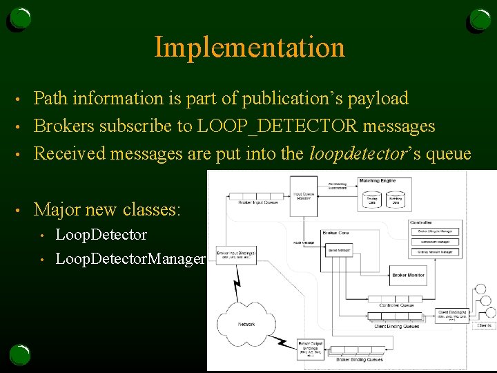 Implementation • Path information is part of publication’s payload Brokers subscribe to LOOP_DETECTOR messages Implementation • Path information is part of publication’s payload Brokers subscribe to LOOP_DETECTOR messages
