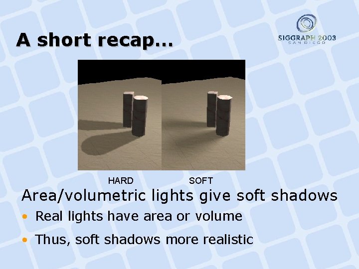 A short recap… HARD SOFT Area/volumetric lights give soft shadows • Real lights have