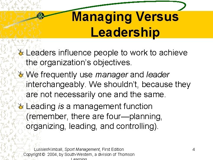 Managing Versus Leadership Leaders influence people to work to achieve the organization’s objectives. We