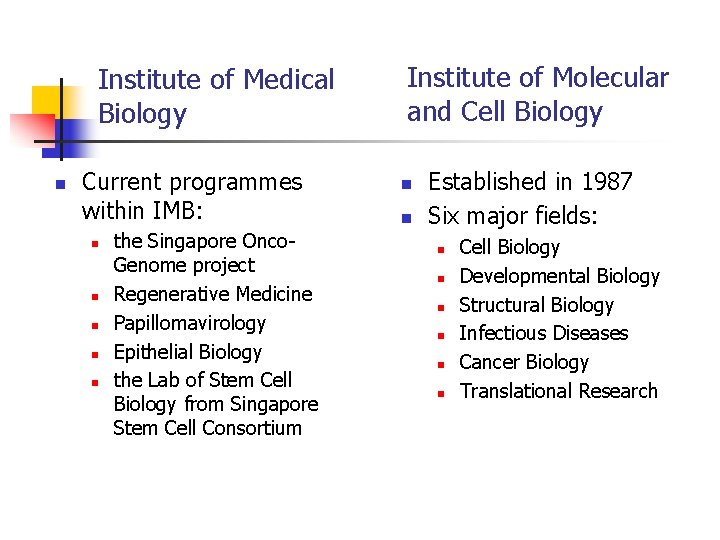 Institute of Medical Biology n Current programmes within IMB: n n n the Singapore