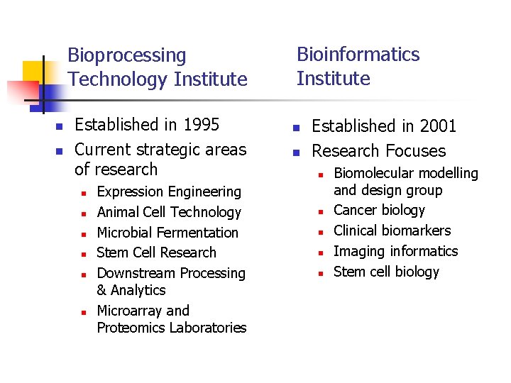 Bioprocessing Technology Institute n n Established in 1995 Current strategic areas of research n