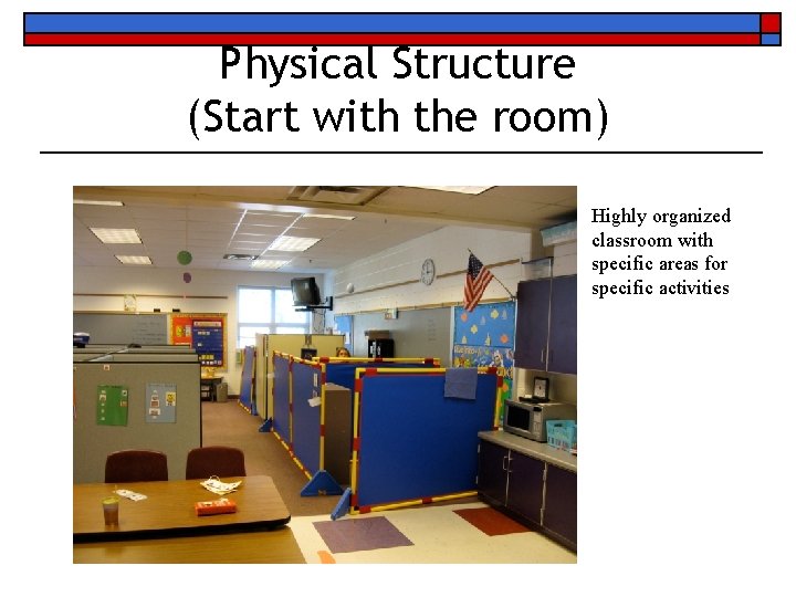 Physical Structure (Start with the room) Highly organized classroom with specific areas for specific