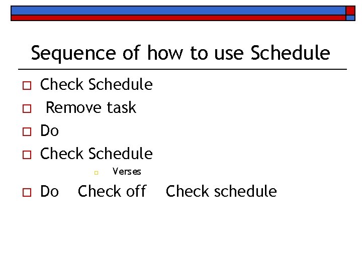 Sequence of how to use Schedule o o Check Schedule Remove task Do Check