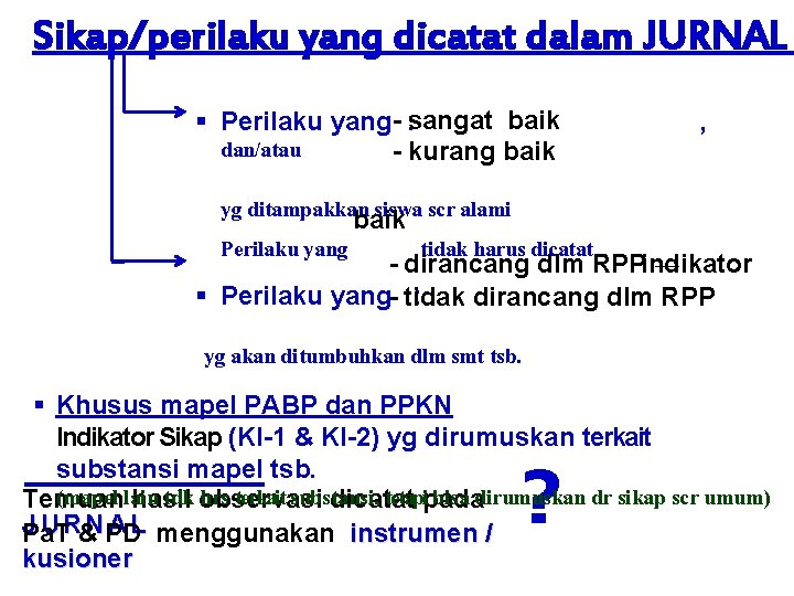 Sikap/perilaku yang dicatat dalam JURNAL § Perilaku yang- : sangat baik dan/atau - kurang