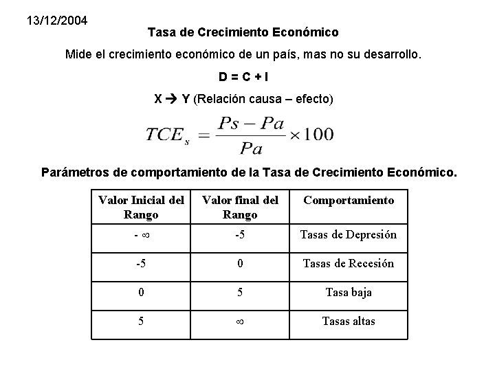 13/12/2004 Tasa de Crecimiento Económico Mide el crecimiento económico de un país, mas no