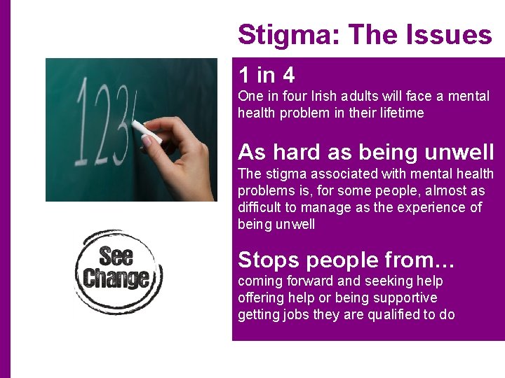 Stigma: The Issues 1 in 4 One in four Irish adults will face a