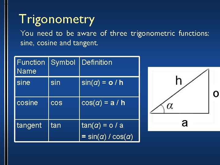 Trigonometry You need to be aware of three trigonometric functions: sine, cosine and tangent.