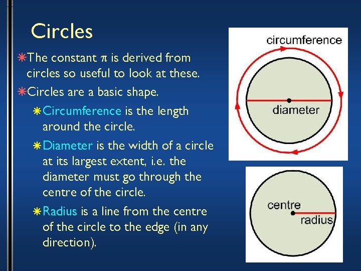 Circles âThe constant p is derived from circles so useful to look at these.