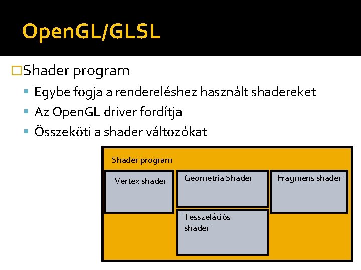 Open. GL/GLSL �Shader program Egybe fogja a rendereléshez használt shadereket Az Open. GL driver