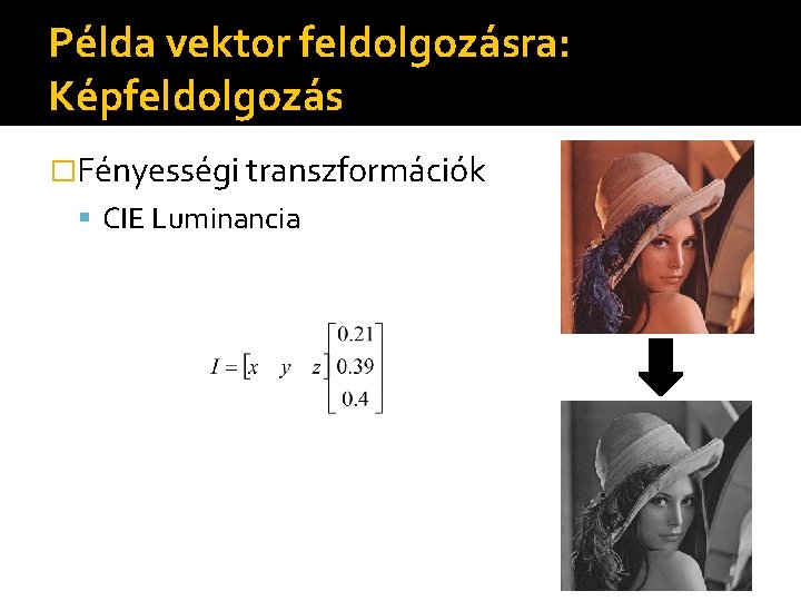 Példa vektor feldolgozásra: Képfeldolgozás �Fényességi transzformációk CIE Luminancia 