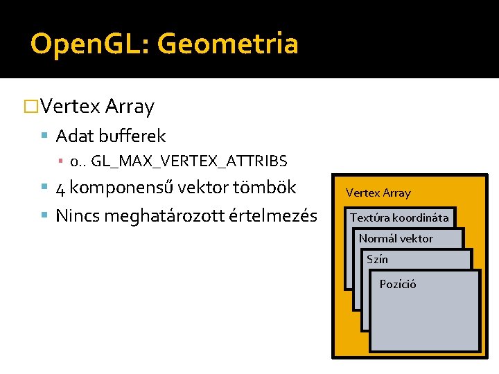 Open. GL: Geometria �Vertex Array Adat bufferek ▪ 0. . GL_MAX_VERTEX_ATTRIBS 4 komponensű vektor