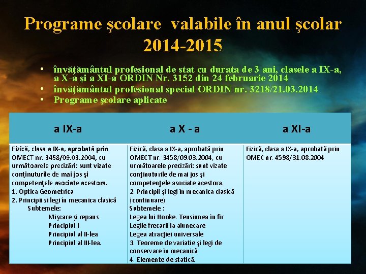 Programe şcolare valabile în anul şcolar 2014 -2015 • învăţământul profesional de stat cu