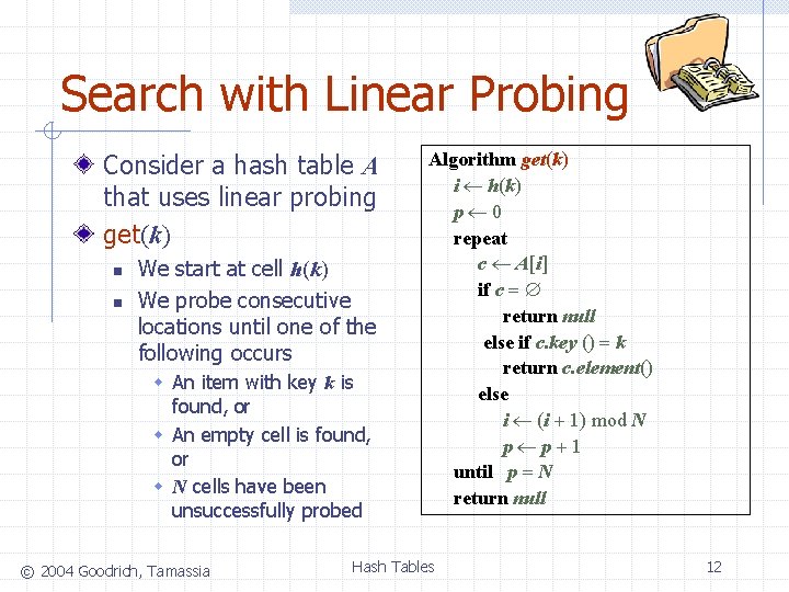 Search with Linear Probing Consider a hash table A that uses linear probing get(k) Search with Linear Probing Consider a hash table A that uses linear probing get(k)