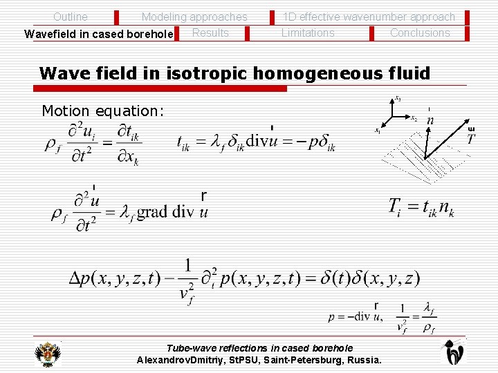 Outline Modeling approaches Results Wavefield in cased borehole 1 D effective wavenumber approach Conclusions