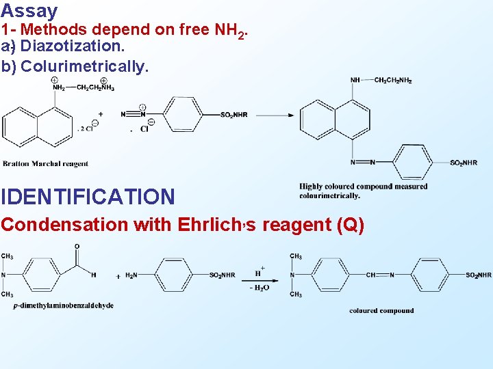 Assay 1 Methods depend on free NH 2. 1 - Diazotization. a) b) Colurimetrically.