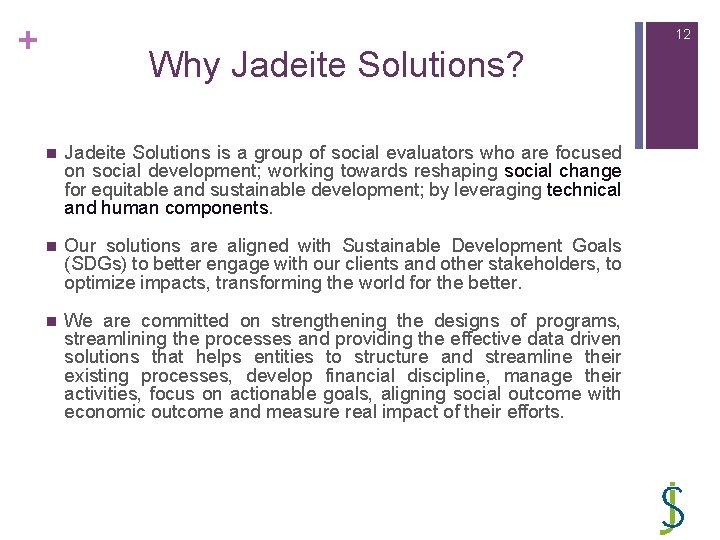 + 12 Why Jadeite Solutions? n Jadeite Solutions is a group of social evaluators