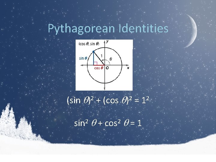 Pythagorean Identities (sin )2 + (cos )2 = 12 sin 2 + cos 2