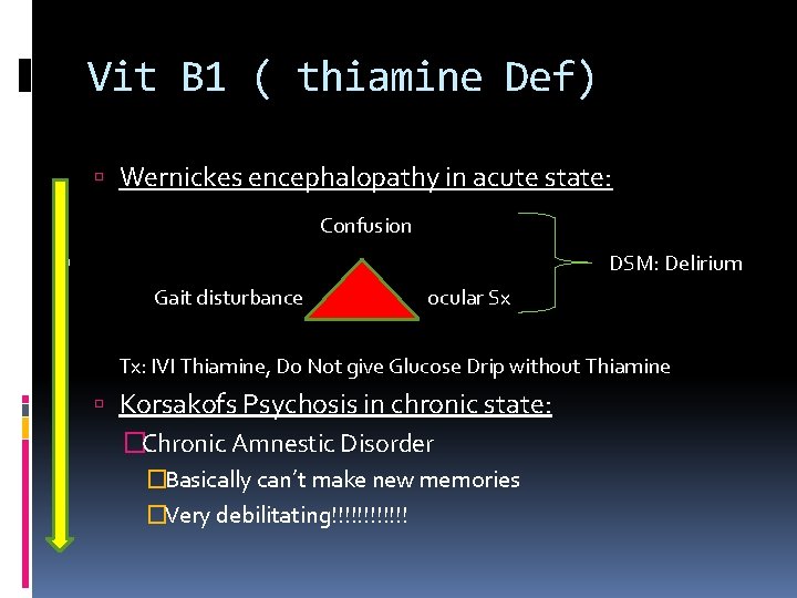 Vit B 1 ( thiamine Def) Wernickes encephalopathy in acute state: Confusion DSM: Delirium