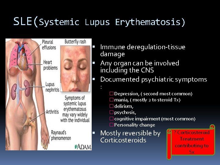 SLE(Systemic Lupus Erythematosis) Immune deregulation-tissue damage Any organ can be involved including the CNS