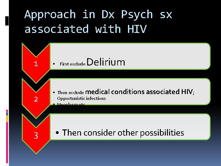 Approach in Dx Psych sx associated with HIV Delirium 1 • First exclude 2