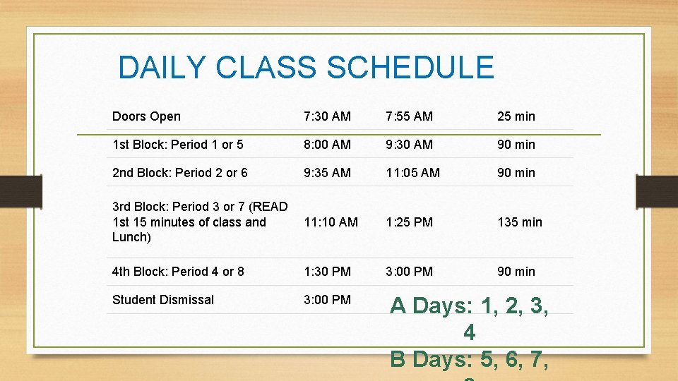 DAILY CLASS SCHEDULE Doors Open 7: 30 AM 7: 55 AM 25 min 1