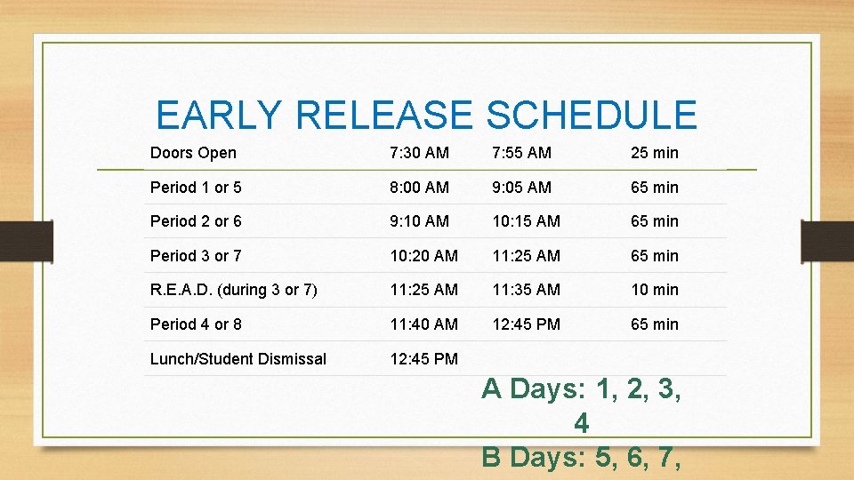 EARLY RELEASE SCHEDULE Doors Open 7: 30 AM 7: 55 AM 25 min Period