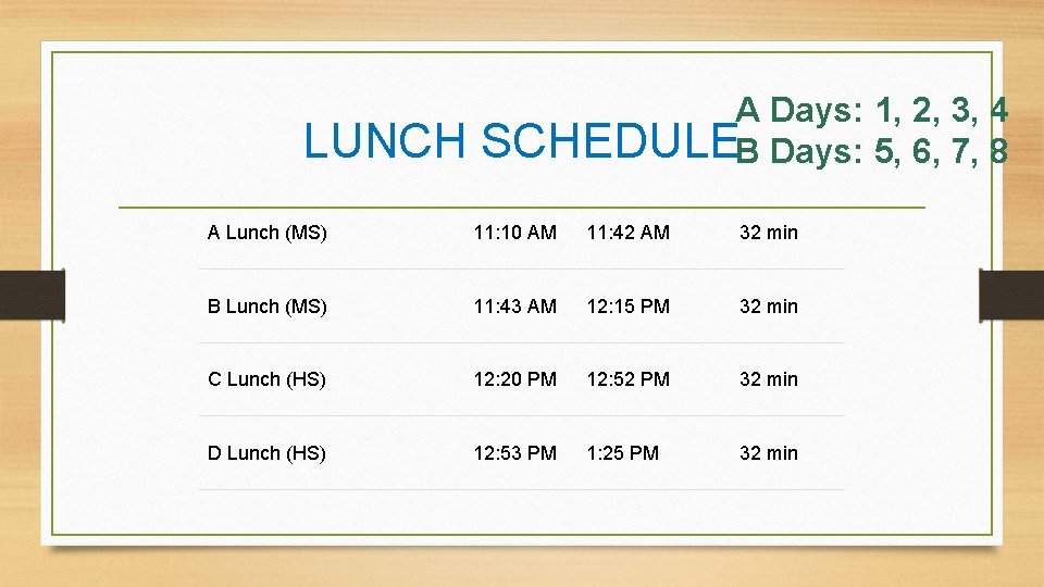 LUNCH A Days: 1, 2, 3, 4 SCHEDULEB Days: 5, 6, 7, 8 A
