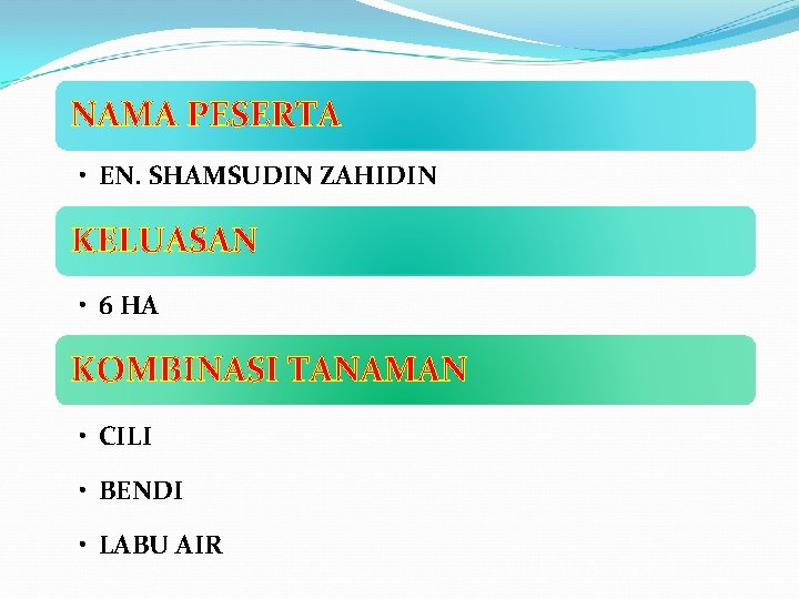 NAMA PESERTA • EN. SHAMSUDIN ZAHIDIN KELUASAN • 6 HA KOMBINASI TANAMAN • CILI