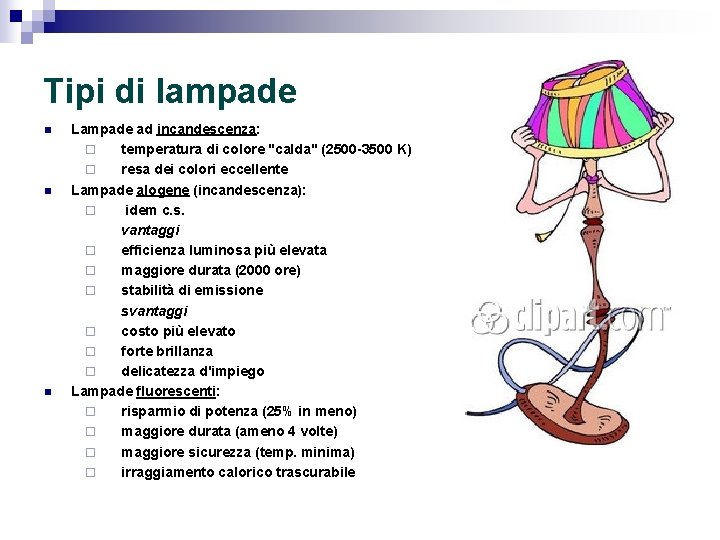 Tipi di lampade n n n Lampade ad incandescenza: ¨ temperatura di colore "calda"