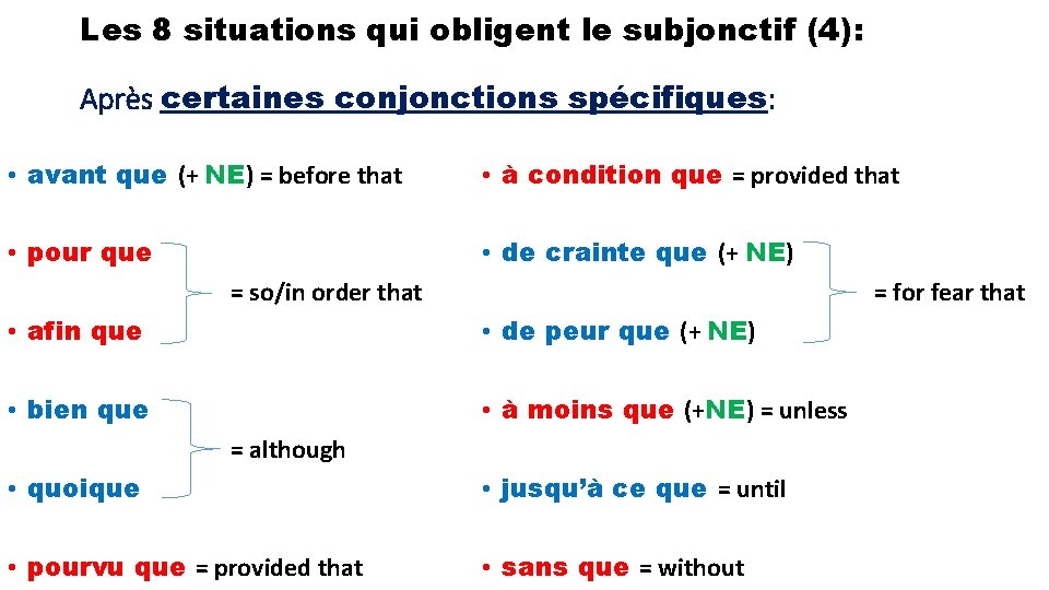 Les 8 situations qui obligent le subjonctif (4): Après certaines conjonctions spécifiques: • avant