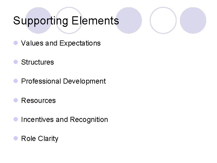 Supporting Elements l Values and Expectations l Structures l Professional Development l Resources l