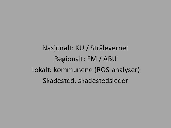 Nasjonalt: KU / Strålevernet Regionalt: FM / ABU Lokalt: kommunene (ROS-analyser) Skadested: skadestedsleder 