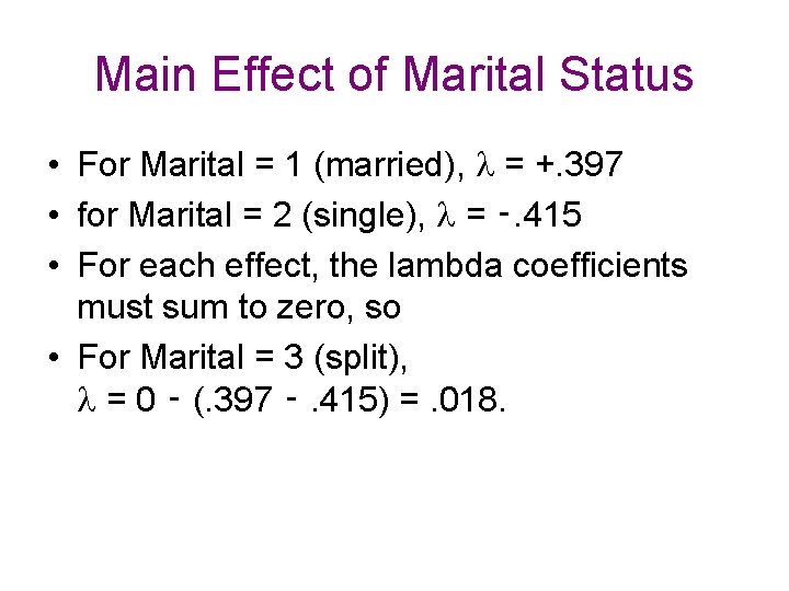 Main Effect of Marital Status • For Marital = 1 (married), = +. 397