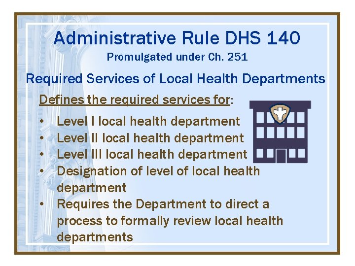 Administrative Rule DHS 140 Promulgated under Ch. 251 Required Services of Local Health Departments