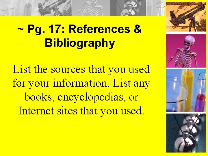 ~ Pg. 17: References & Bibliography List the sources that you used for your