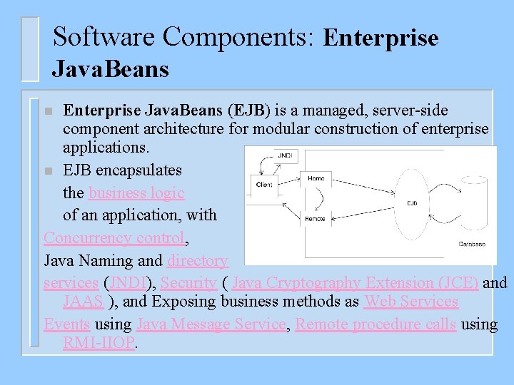Software Components: Enterprise Java. Beans (EJB) is a managed, server-side component architecture for modular