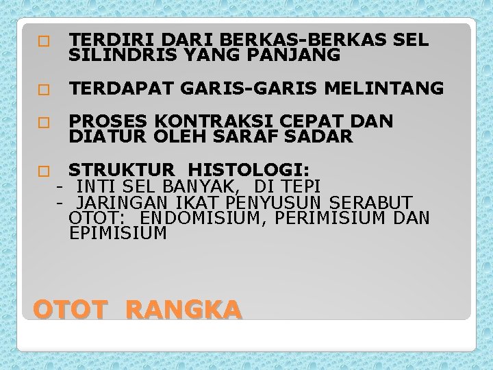 � TERDIRI DARI BERKAS-BERKAS SEL SILINDRIS YANG PANJANG � TERDAPAT GARIS-GARIS MELINTANG � PROSES