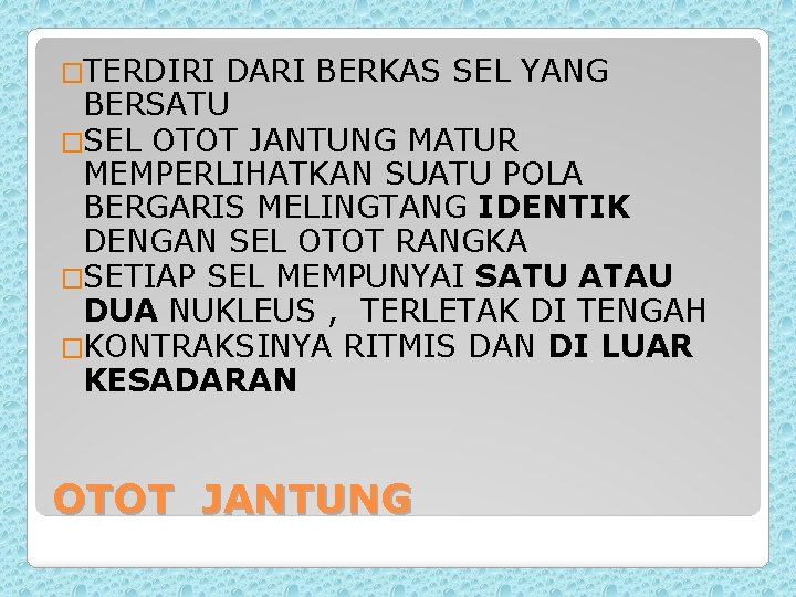 �TERDIRI DARI BERKAS SEL YANG BERSATU �SEL OTOT JANTUNG MATUR MEMPERLIHATKAN SUATU POLA BERGARIS