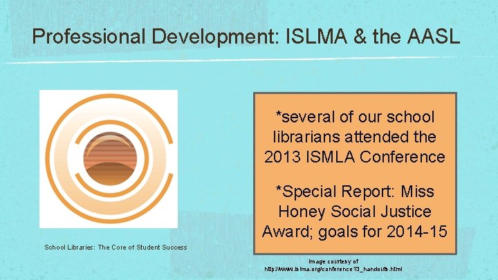 Professional Development: ISLMA & the AASL *several of our school librarians attended the 2013