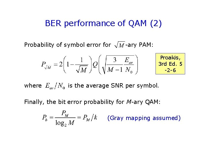BER performance of QAM (2) Probability of symbol error for -ary PAM: Proakis, 3