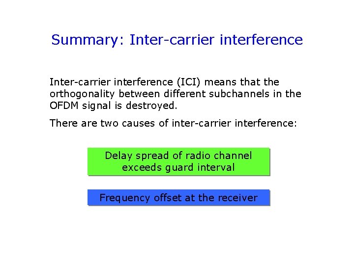 Summary: Inter-carrier interference (ICI) means that the orthogonality between different subchannels in the OFDM