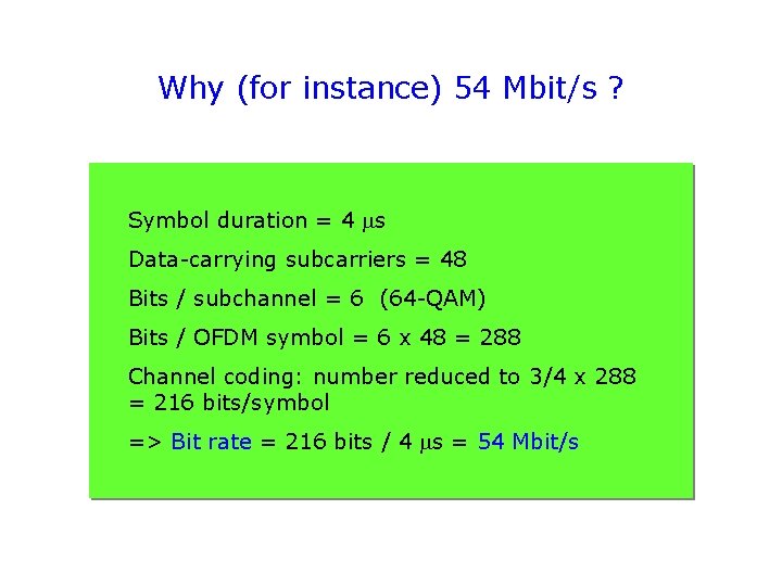 Why (for instance) 54 Mbit/s ? Symbol duration = 4 ms Data-carrying subcarriers =